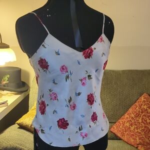 Floral Satin Cami Top - White with Pink & Red Roses